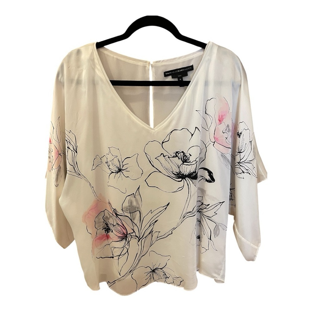 White House Black Market Silk Top, Size M, White w/Pink Hand-Drawn Flowers.